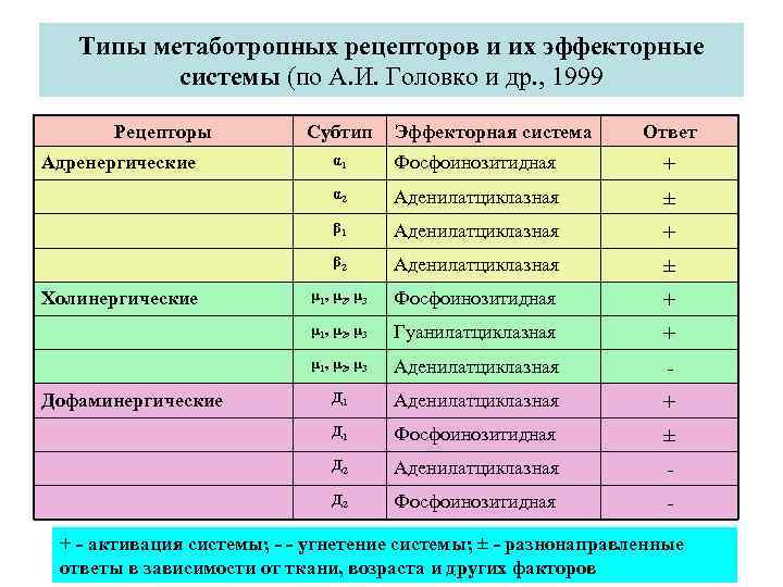   Типы метаботропных рецепторов и их эффекторные  системы (по А. И. Головко