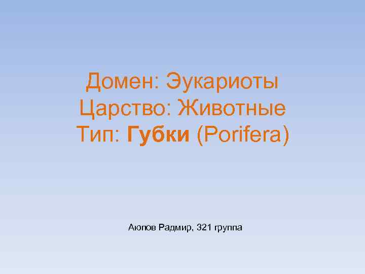  Домен: Эукариоты Царство: Животные Тип: Губки (Porifera)  Аюпов Радмир, 321 группа 