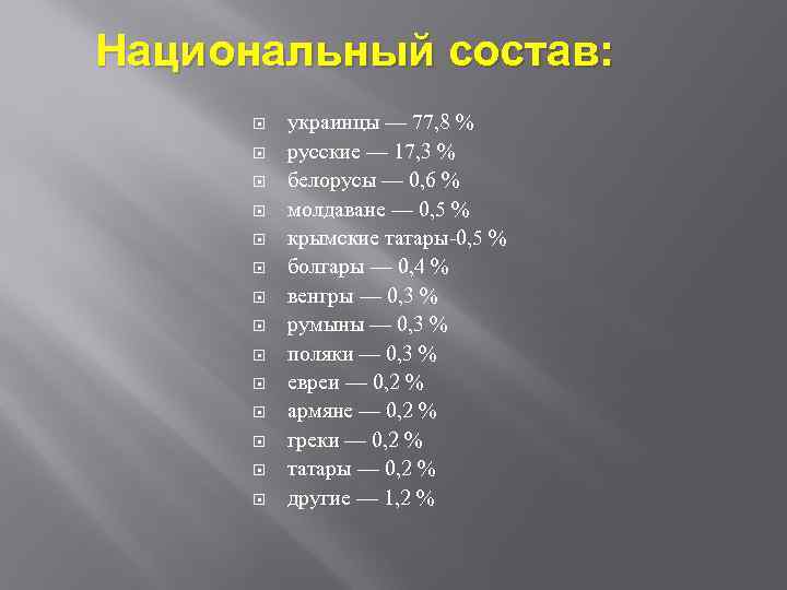 Национальный состав:  украинцы — 77, 8 %  русские — 17, 3 %