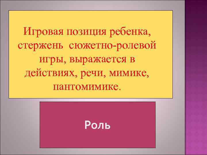  Игровая позиция ребенка, стержень сюжетно-ролевой игры, выражается в действиях, речи, мимике,  пантомимике.