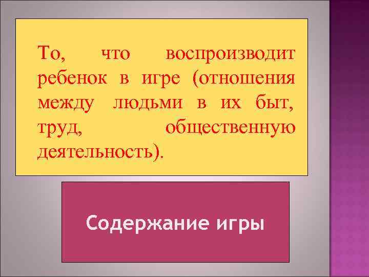 То, что воспроизводит ребенок в игре (отношения между людьми в их быт, труд, 
