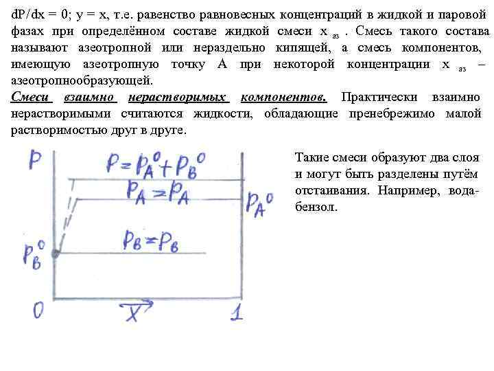 d. P/dx = 0; у = х, т. е. равенство равновесных концентраций в жидкой