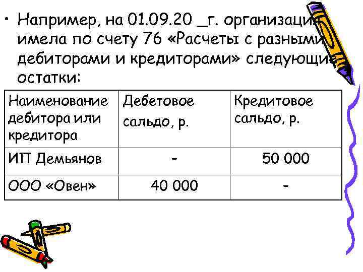  • Например, на 01. 09. 20 _г. организация  имела по счету 76