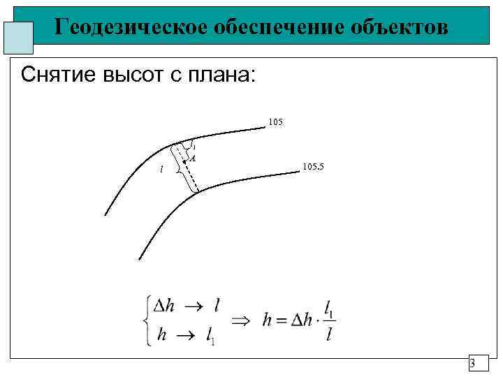  Геодезическое обеспечение объектов Снятие высот с плана:     105 
