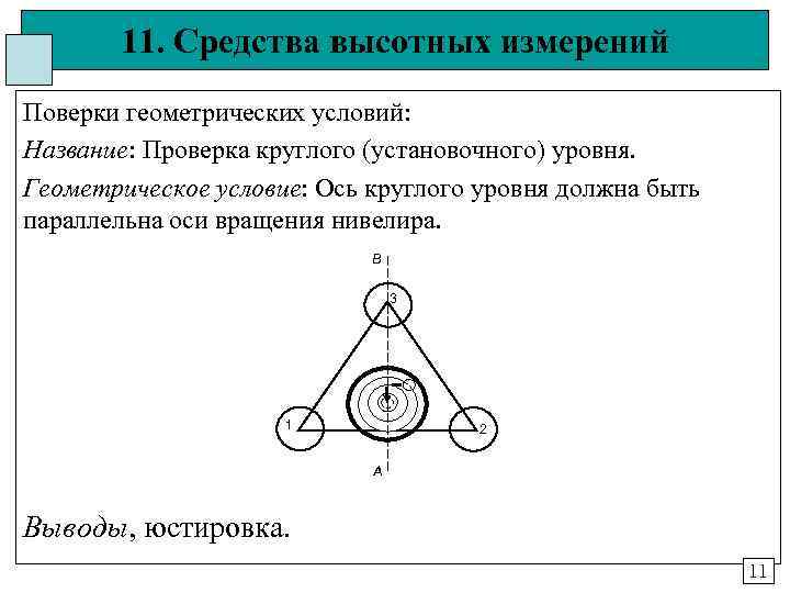 11. Средства высотных измерений Поверки геометрических условий: Название: Проверка круглого (установочного) уровня. 11. Средства высотных измерений Поверки геометрических условий: Название: Проверка круглого (установочного) уровня.