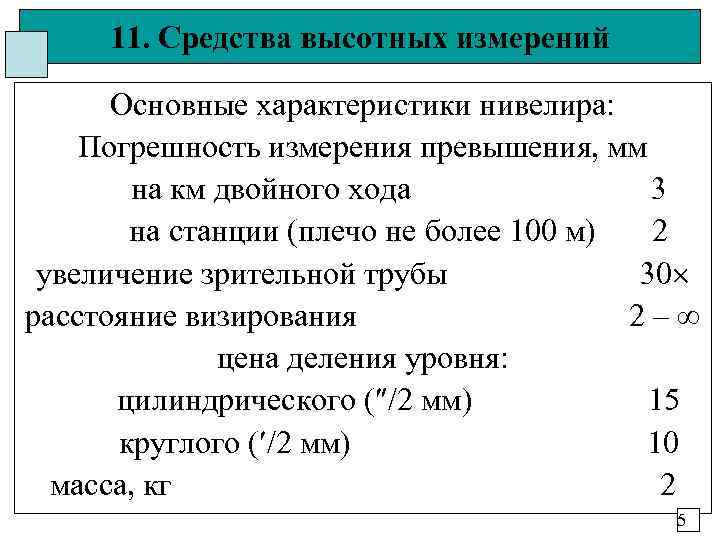 11. Средства высотных измерений Основные характеристики нивелира: Погрешность измерения превышения, мм 11. Средства высотных измерений Основные характеристики нивелира: Погрешность измерения превышения, мм
