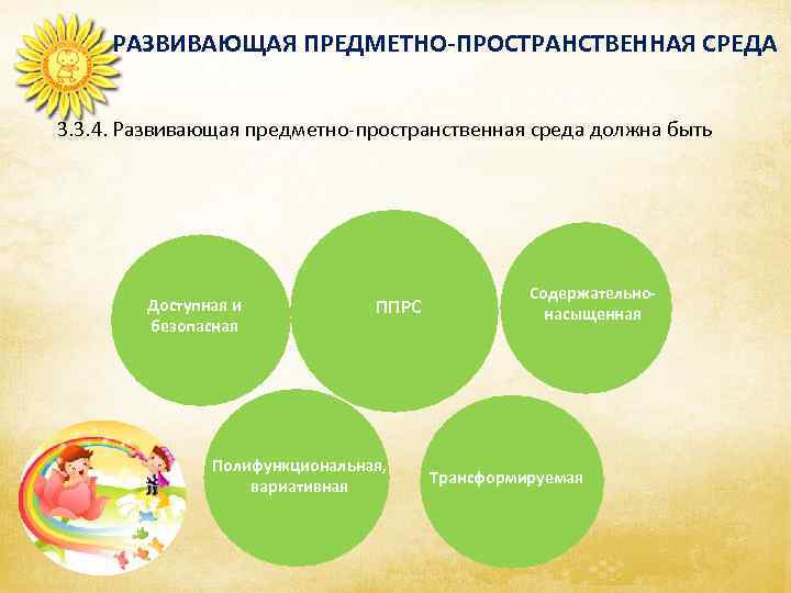  РАЗВИВАЮЩАЯ ПРЕДМЕТНО-ПРОСТРАНСТВЕННАЯ СРЕДА  3. 3. 4. Развивающая предметно-пространственная среда должна быть 
