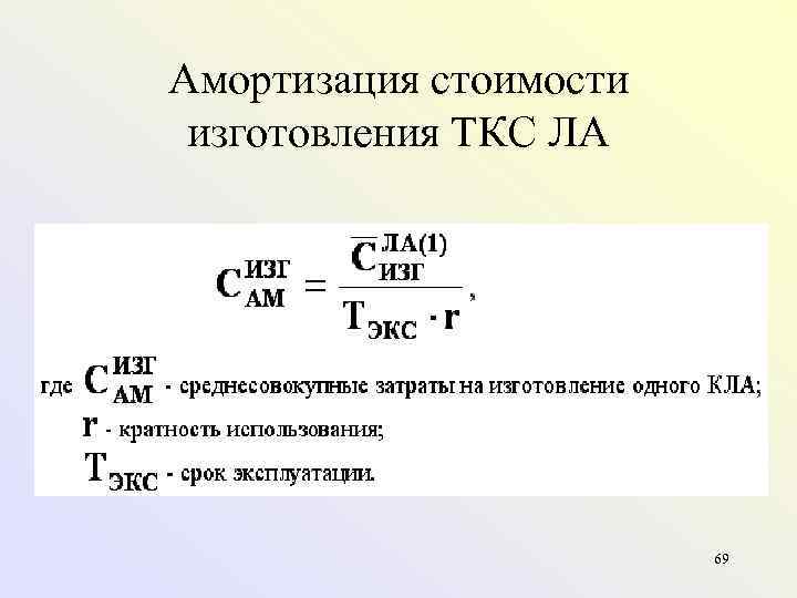 Амортизация стоимости изготовления ТКС ЛА     69 