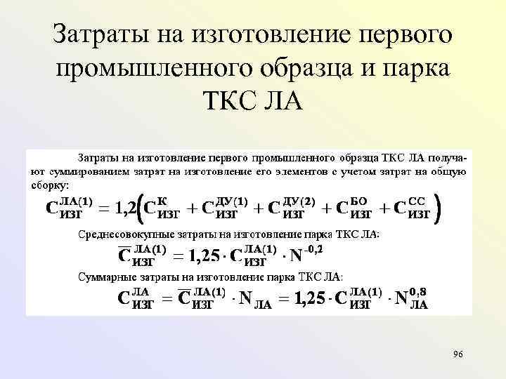 Затраты на изготовление первого промышленного образца и парка   ТКС ЛА  