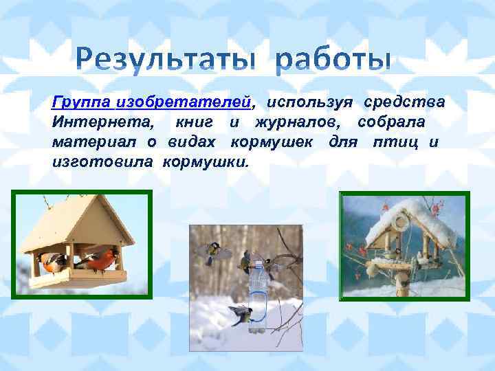 Группа изобретателей , используя средства Интернета, книг и журналов, собрала материал о видах кормушек