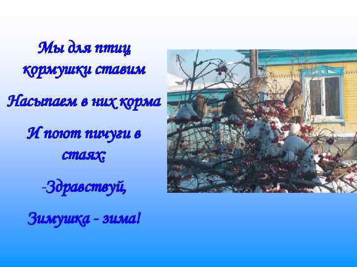   Мы для птиц кормушки ставим Насыпаем в них корма  И поют