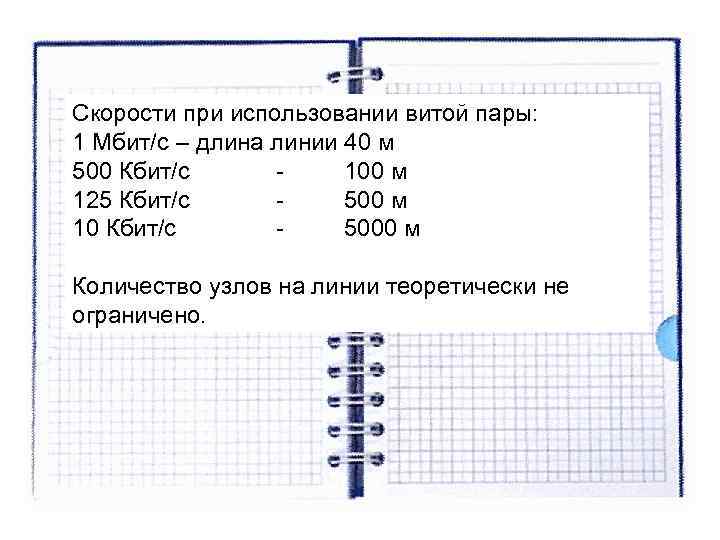 Скорости при использовании витой пары: 1 Мбит/с – длина линии 40 м 500 Кбит/с Скорости при использовании витой пары: 1 Мбит/с – длина линии 40 м 500 Кбит/с