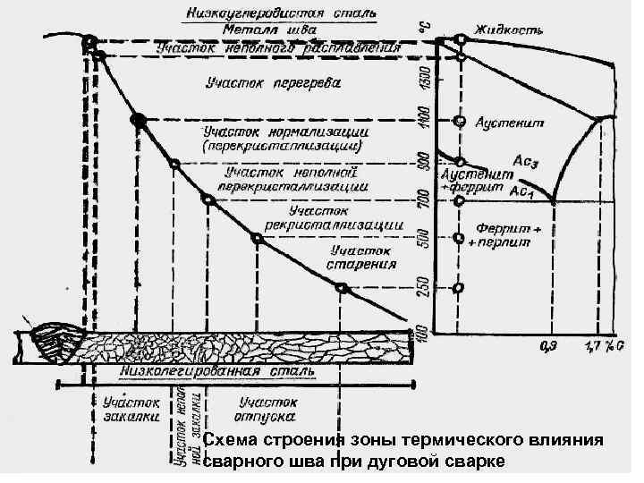 Схема строения зоны термического влияния сварного шва при дуговой сварке 