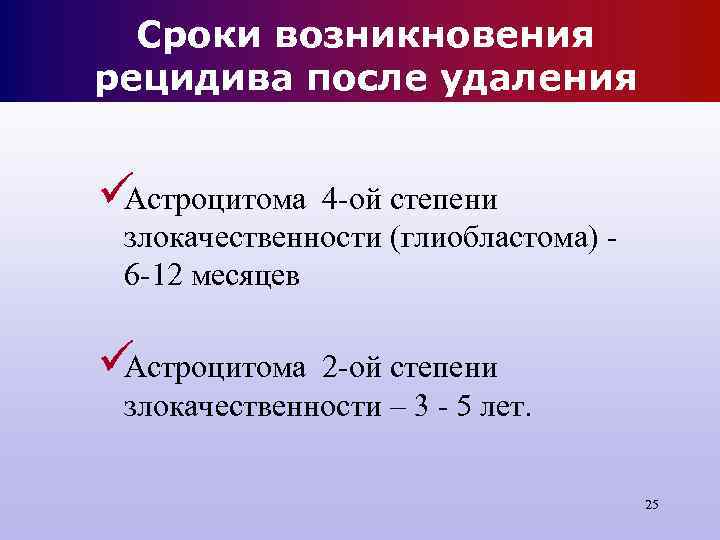 Сроки возникновения рецидива после удаления üАстроцитома 4 -ой степени злокачественности (глиобластома) Сроки возникновения рецидива после удаления üАстроцитома 4 -ой степени злокачественности (глиобластома)