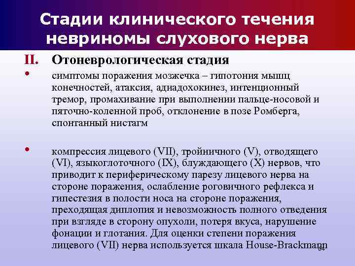 Стадии клинического течения невриномы слухового нерва II. Отоневрологическая стадия • симптомы поражения Стадии клинического течения невриномы слухового нерва II. Отоневрологическая стадия • симптомы поражения