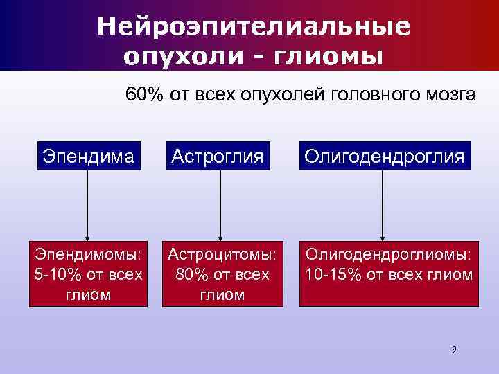 Нейроэпителиальные опухоли - глиомы 60% от всех опухолей головного Нейроэпителиальные опухоли - глиомы 60% от всех опухолей головного