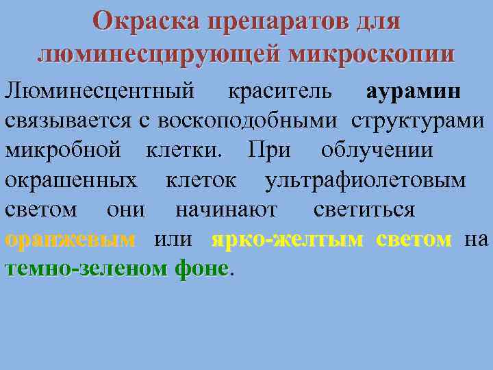  Окраска препаратов для  люминесцирующей микроскопии Люминесцентный краситель аурамин связывается с воскоподобными структурами