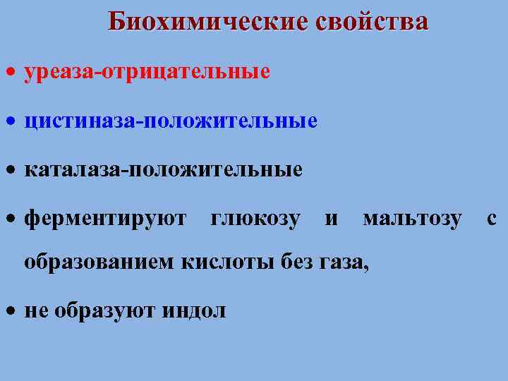   Биохимические свойства  уреаза-отрицательные  цистиназа-положительные  каталаза-положительные  ферментируют глюкозу и