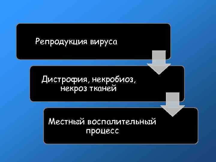 Репродукция вируса Дистрофия, некробиоз, некроз тканей Местный воспалительный процесс Репродукция вируса Дистрофия, некробиоз, некроз тканей Местный воспалительный процесс