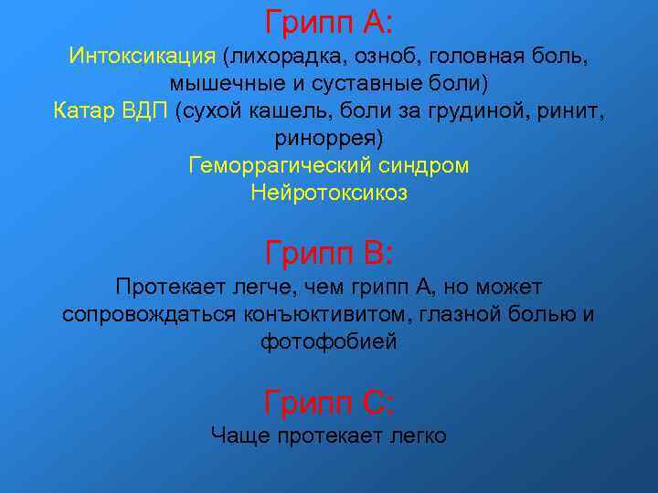 Грипп А: Интоксикация (лихорадка, озноб, головная боль, мышечные и Грипп А: Интоксикация (лихорадка, озноб, головная боль, мышечные и