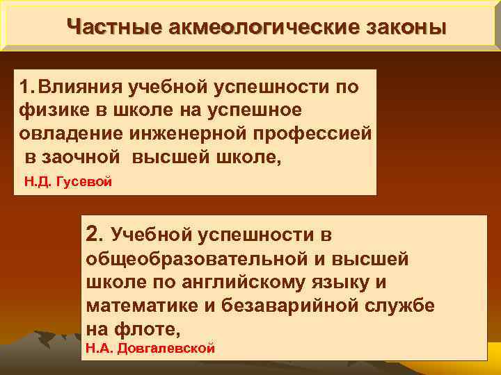  Частные акмеологические законы 1. Влияния учебной успешности по физике в школе на успешное