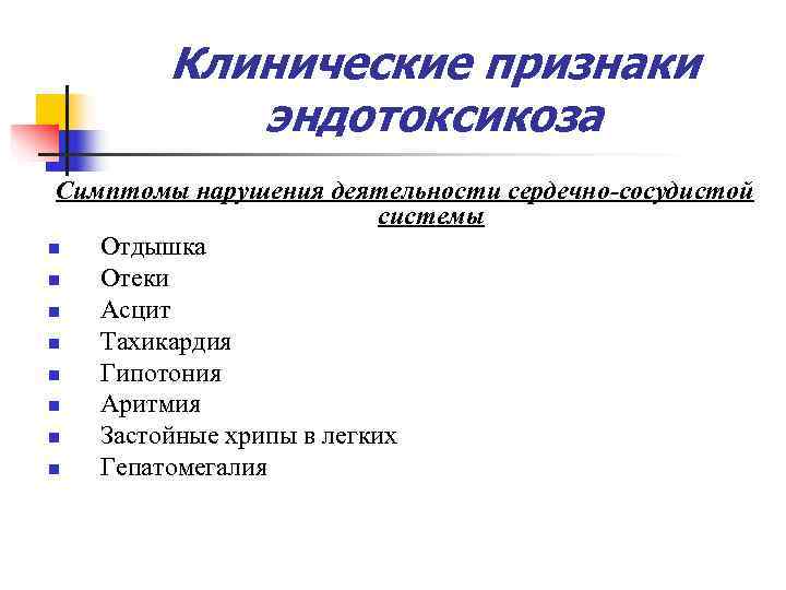   Клинические признаки  эндотоксикоза Симптомы нарушения деятельности сердечно-сосудистой    