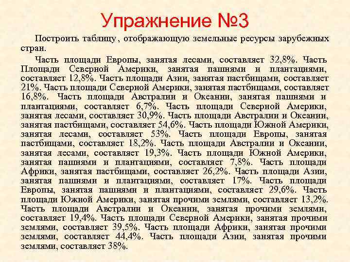    Упражнение № 3  Построить таблицу , отображающую земельные ресурсы зарубежных