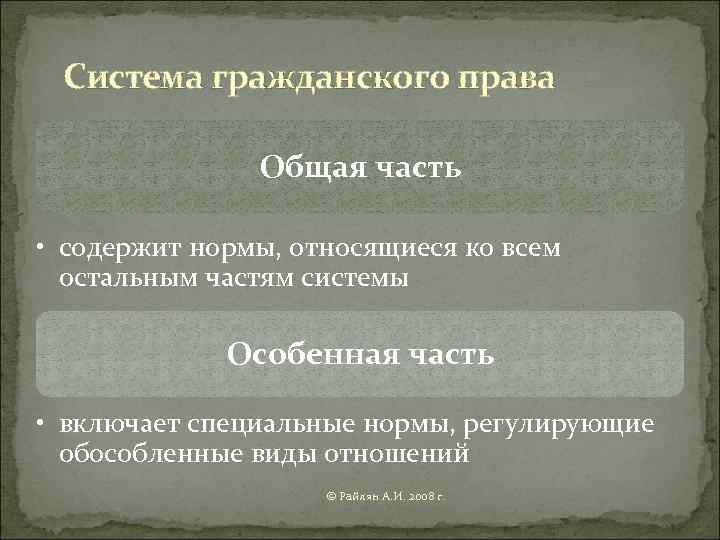  Система гражданского права   Общая часть  • содержит нормы, относящиеся ко