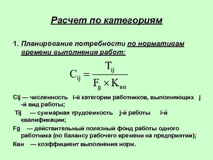   Расчет по категориям 1. Планирование потребности по нормативам  времени выполнения работ: