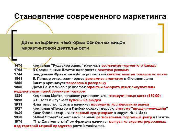 Становление современного маркетинга Даты внедрения некоторых основных видов маркетинговой деятельности 1670 Компания Становление современного маркетинга Даты внедрения некоторых основных видов маркетинговой деятельности 1670 Компания