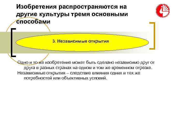 Изобретения распространяются на другие культуры тремя основными способами 3. Независимые открытия Изобретения распространяются на другие культуры тремя основными способами 3. Независимые открытия