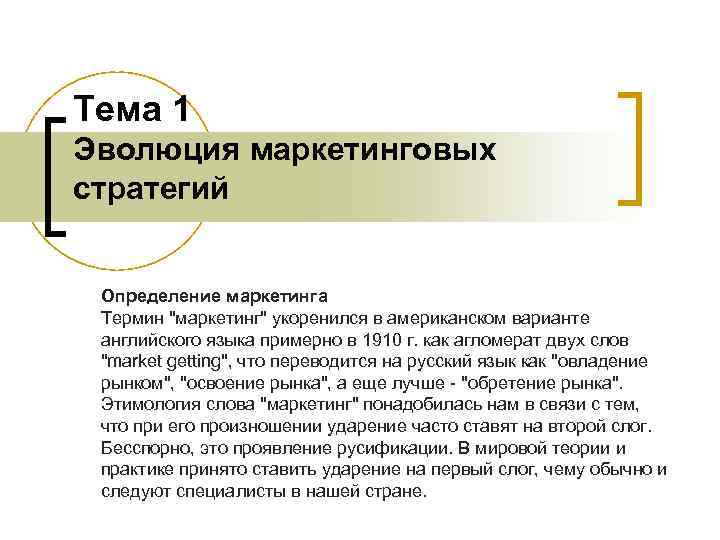 Тема 1 Эволюция маркетинговых стратегий Определение маркетинга Термин Тема 1 Эволюция маркетинговых стратегий Определение маркетинга Термин