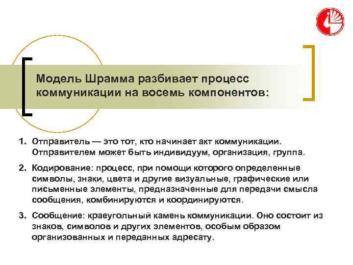   Модель Шрамма разбивает процесс  коммуникации на восемь компонентов: 1. Отправитель —