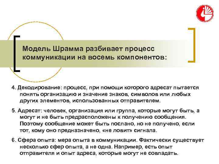   Модель Шрамма разбивает процесс  коммуникации на восемь компонентов: 4. Декодирование: процесс,