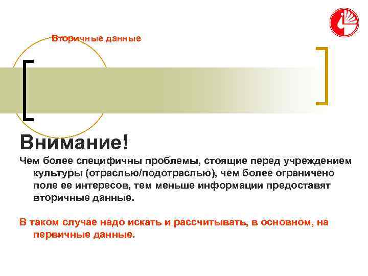  Вторичные данные Внимание! Чем более специфичны проблемы, стоящие перед учреждением  культуры (отраслью/подотраслью),