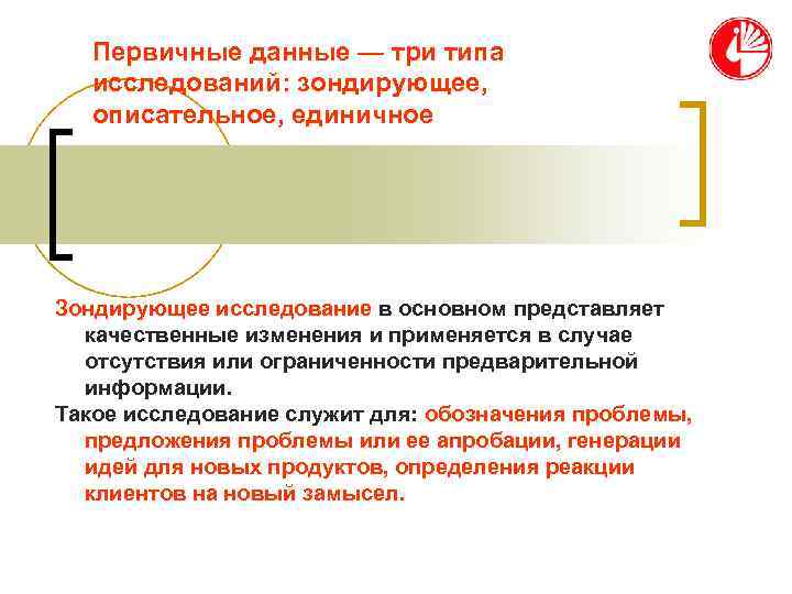   Первичные данные — три типа  исследований: зондирующее, описательное, единичное Зондирующее исследование