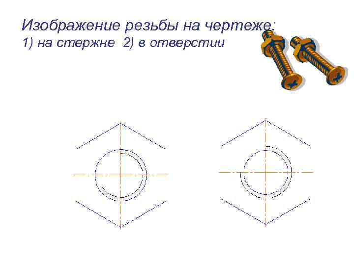 Изображение резьбы на чертеже: 1) на стержне 2) в отверстии 