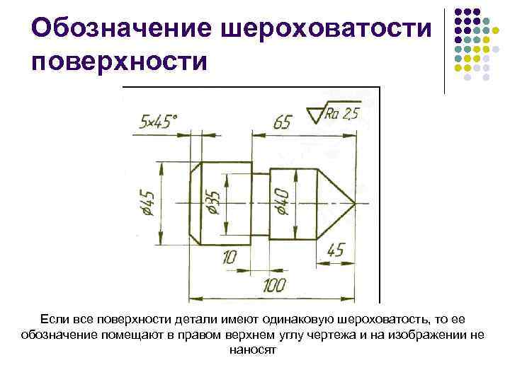  Обозначение шероховатости поверхности  Если все поверхности детали имеют одинаковую шероховатость, то ее