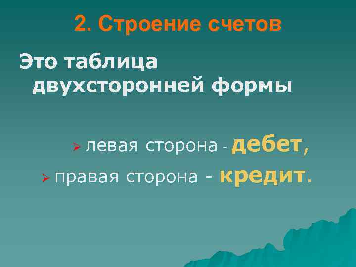   2. Строение счетов Это таблица двухсторонней формы    дебет, Ø