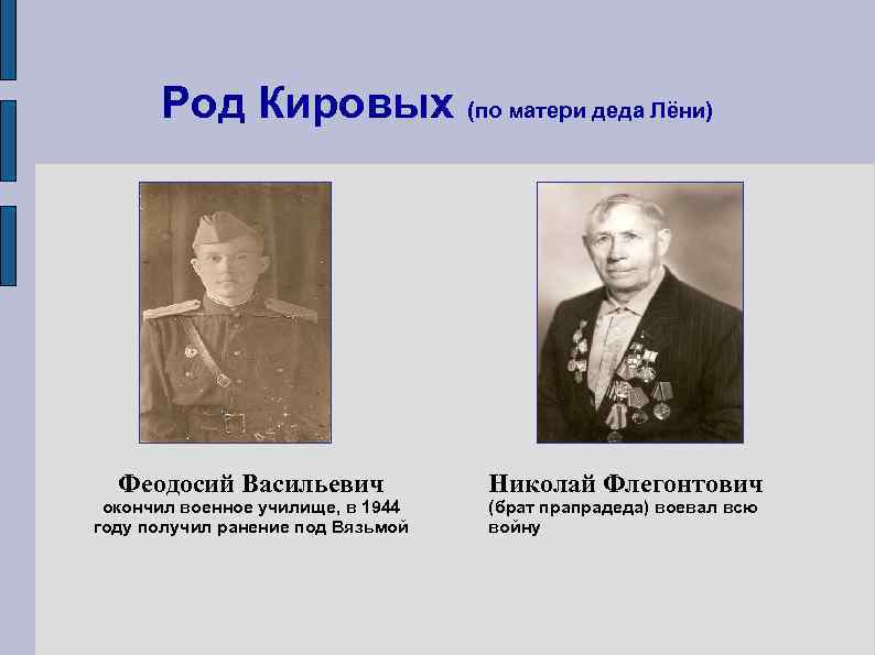  Род Кировых (по матери деда Лёни)  Феодосий Васильевич   Николай Флегонтович