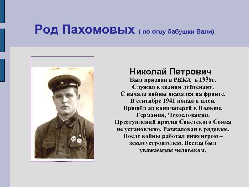 Род Пахомовых ( по отцу бабушки Вали)    Николай Петрович  