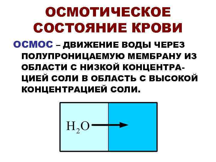   ОСМОТИЧЕСКОЕ  СОСТОЯНИЕ КРОВИ ОСМОС – ДВИЖЕНИЕ ВОДЫ ЧЕРЕЗ ПОЛУПРОНИЦАЕМУЮ МЕМБРАНУ ИЗ