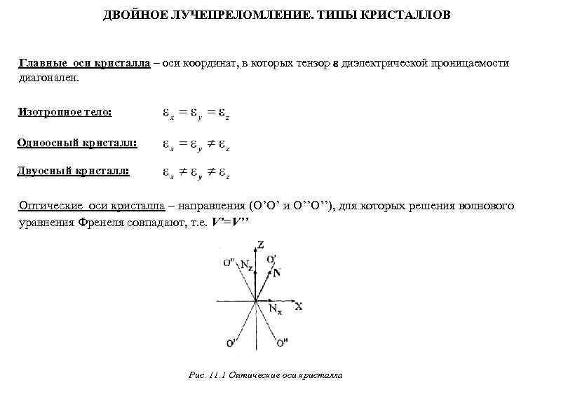 ДВОЙНОЕ ЛУЧЕПРЕЛОМЛЕНИЕ. ТИПЫ КРИСТАЛЛОВ Главные оси кристалла – оси ДВОЙНОЕ ЛУЧЕПРЕЛОМЛЕНИЕ. ТИПЫ КРИСТАЛЛОВ Главные оси кристалла – оси
