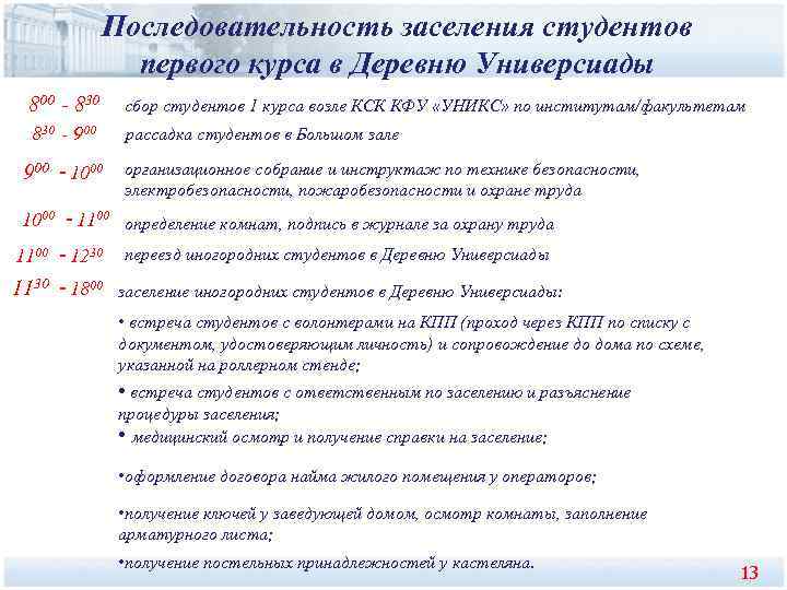    Последовательность заселения студентов   первого курса в Деревню Универсиады 