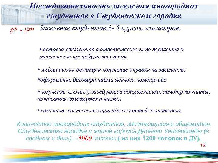   Последовательность заселения иногородних   студентов в Студенческом городке 800 - 1800