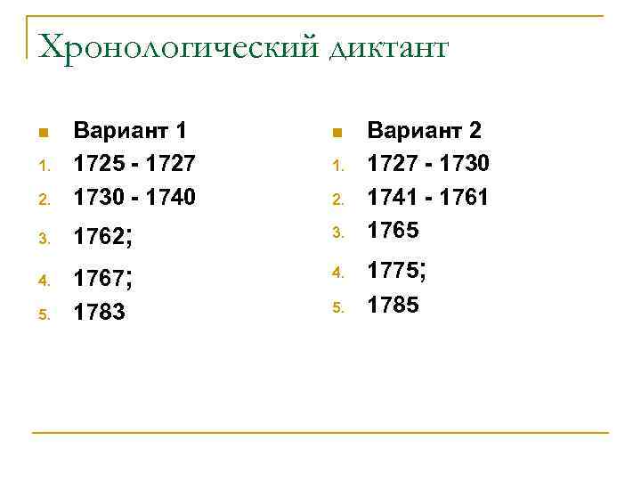 Хронологический диктант n  Вариант 1 n  Вариант 2 1.  1725 -