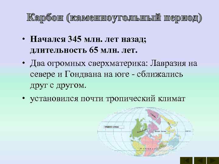  Карбон (каменноугольный период) • Начался 345 млн. лет назад;  длительность 65 млн.