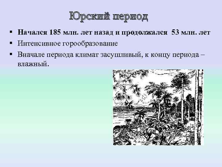    Юрский период § Начался 185 млн. лет назад и продолжался
