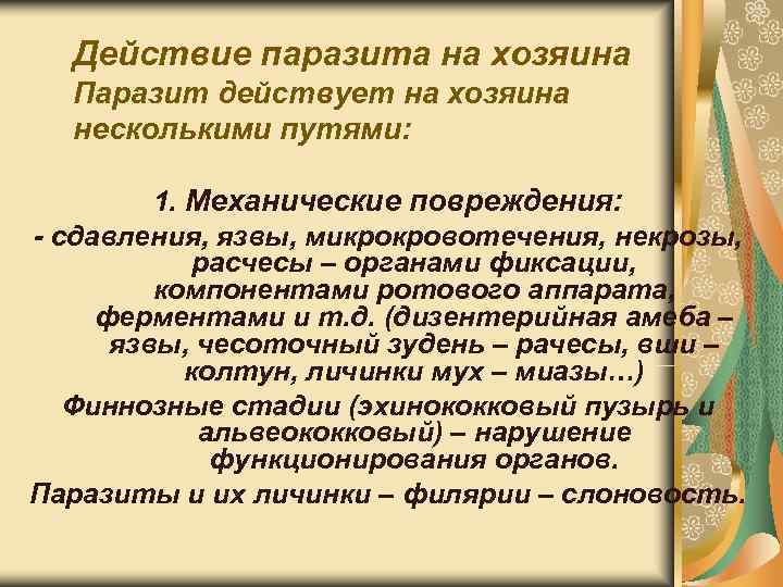 Действие паразита на хозяина Паразит действует на хозяина несколькими путями: Действие паразита на хозяина Паразит действует на хозяина несколькими путями: