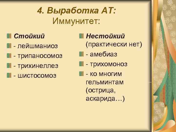 4. Выработка АТ: Иммунитет: Стойкий Нестойкий - лейшманиоз (практически нет) 4. Выработка АТ: Иммунитет: Стойкий Нестойкий - лейшманиоз (практически нет)
